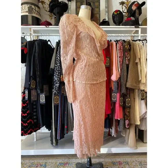 vintage 1980s sheer pink lace suit 80s fashion puff shoulders wrap blouse skirt - Picture 4 of 10